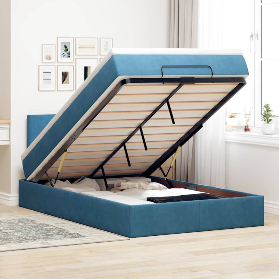 Estructura de cama otomana colchón terciopelo azul