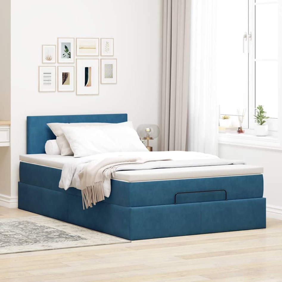 Estructura de cama otomana colchón terciopelo azul