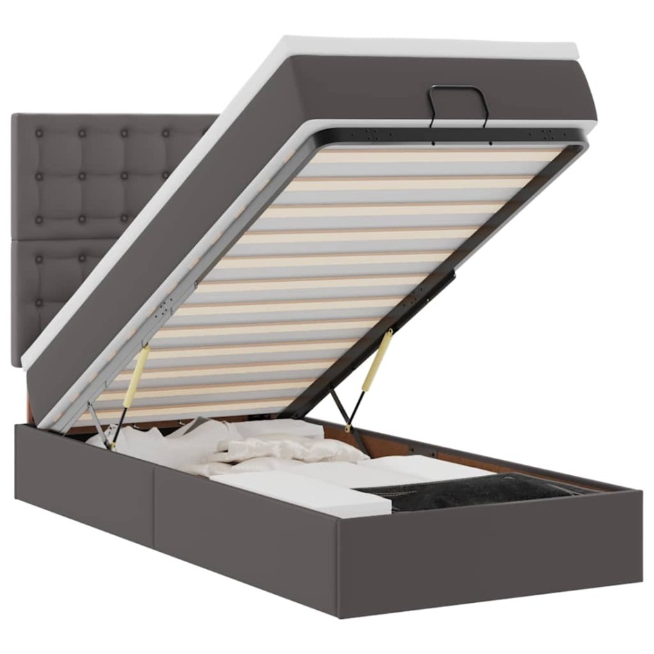 Cama otomana colchón cuero sintético gris 90x200