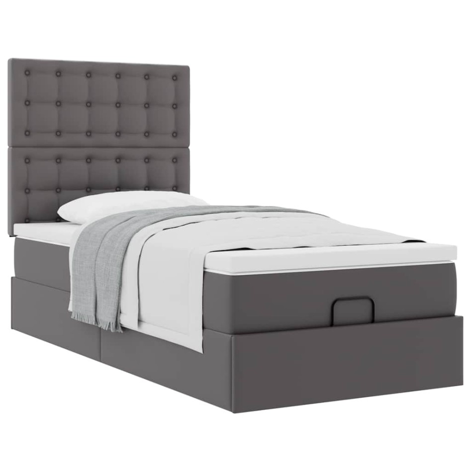 Cama otomana colchón cuero sintético gris 90x200