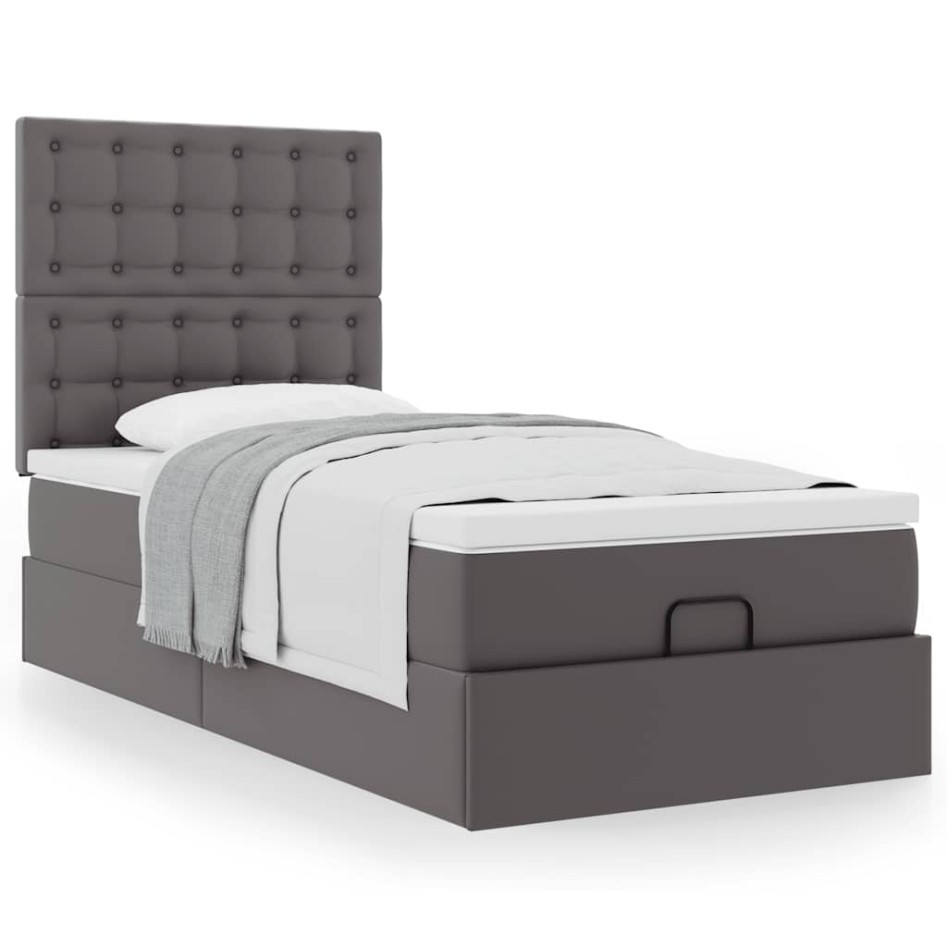 Cama otomana colchón cuero sintético gris 90x200