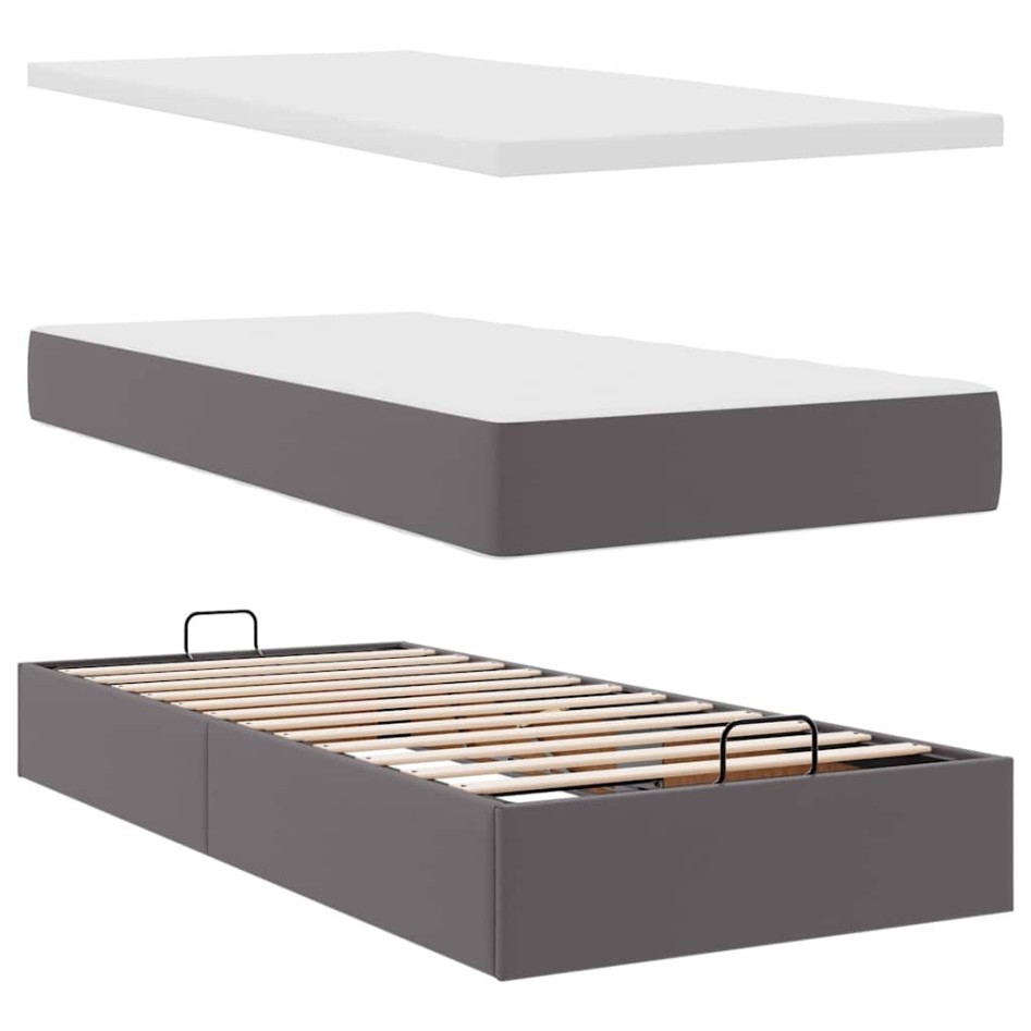 Cama otomana colchón cuero sintético gris 90x200