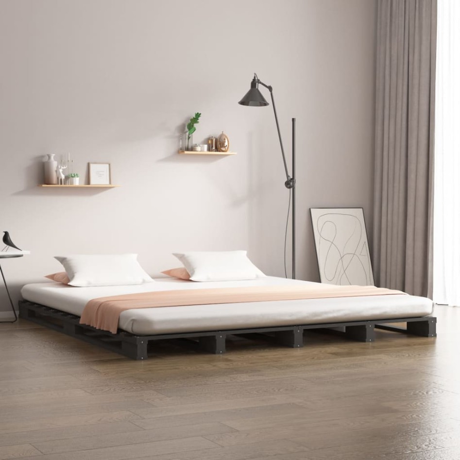 Cama de palets madera maciza de pino gris King Size 150x200