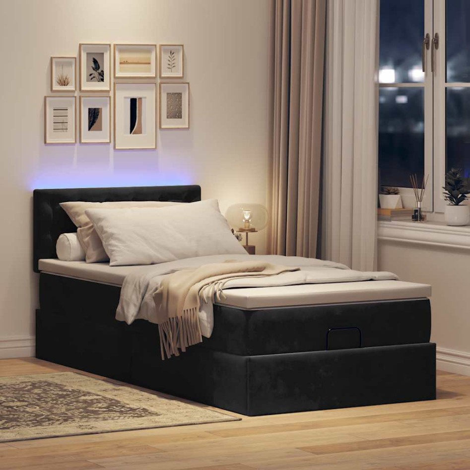 Cama otomana con colchón y luces LED terciopelo negro