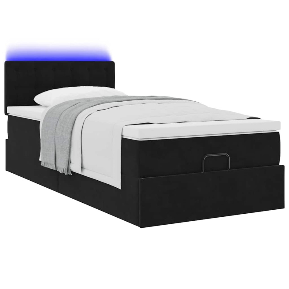 Cama otomana con colchón y luces LED terciopelo negro