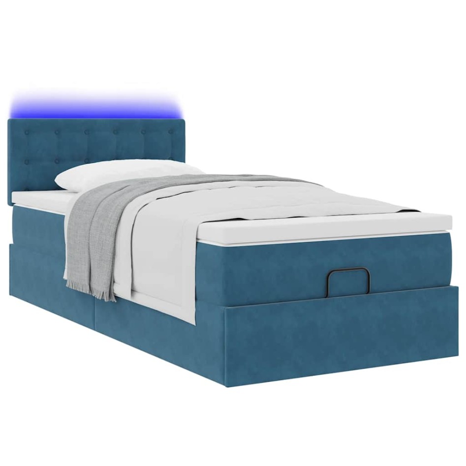 Cama otomana con colchón y LED terciopelo azul oscuro 80x200