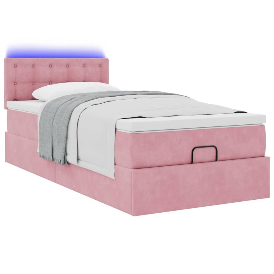 Estructura cama otomana con colchón terciopelo rosa