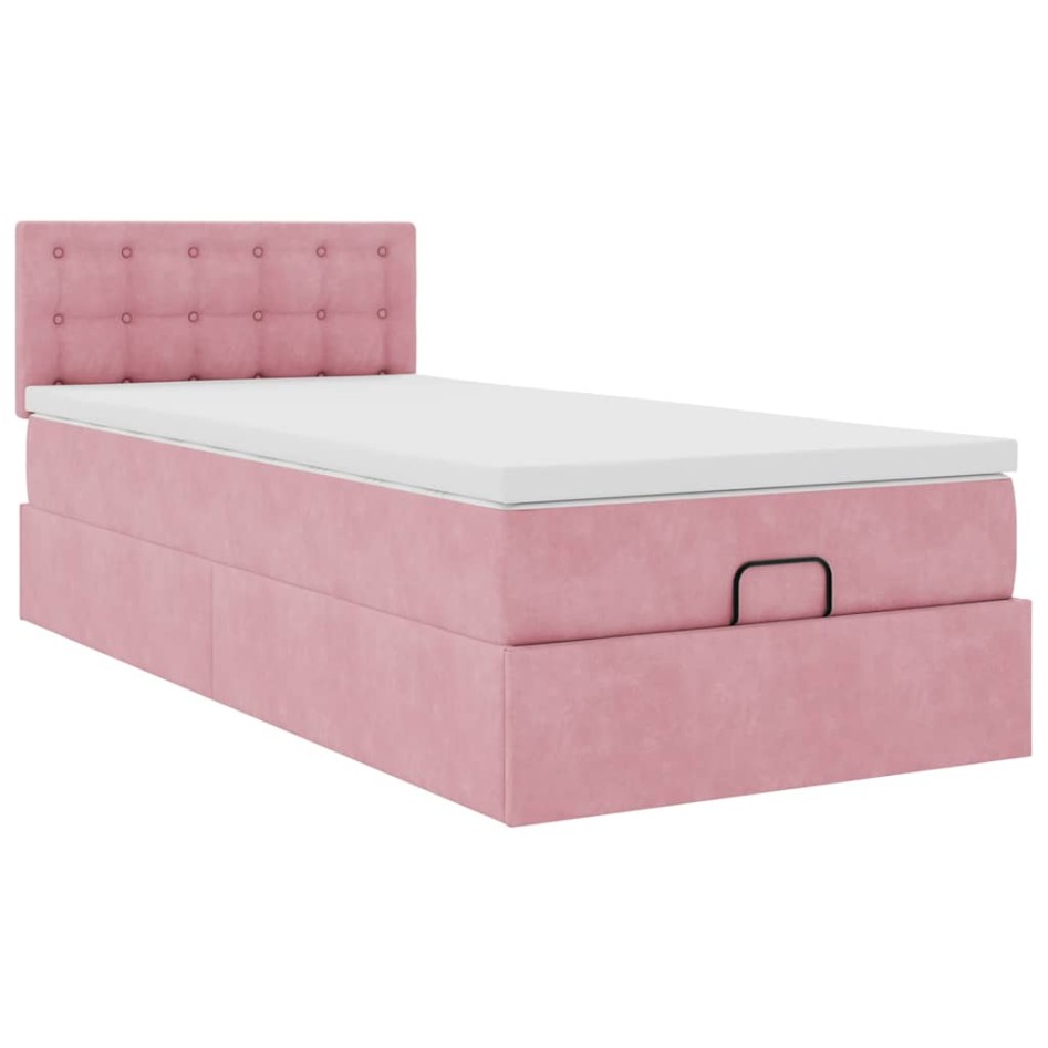 Estructura de cama otomana colchón terciopelo rosa