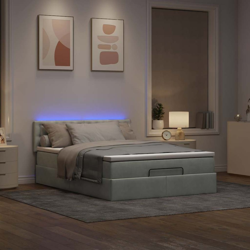 Estructura cama otomana colchón terciopelo gris claro