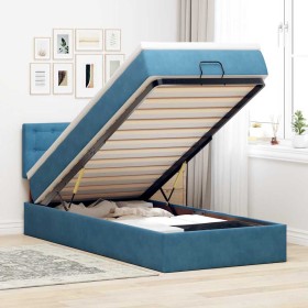 Estructura de cama otomana con colchón terciopelo azul
