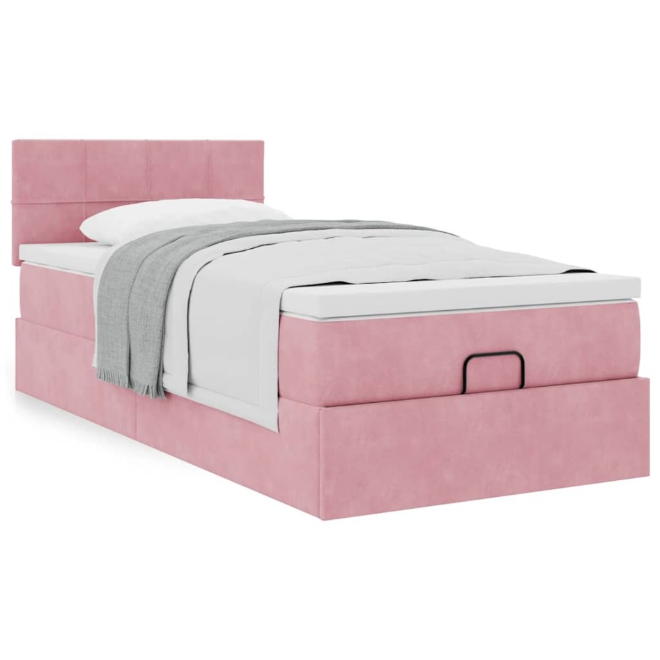 Estructura cama otomana con colchón terciopelo rosa