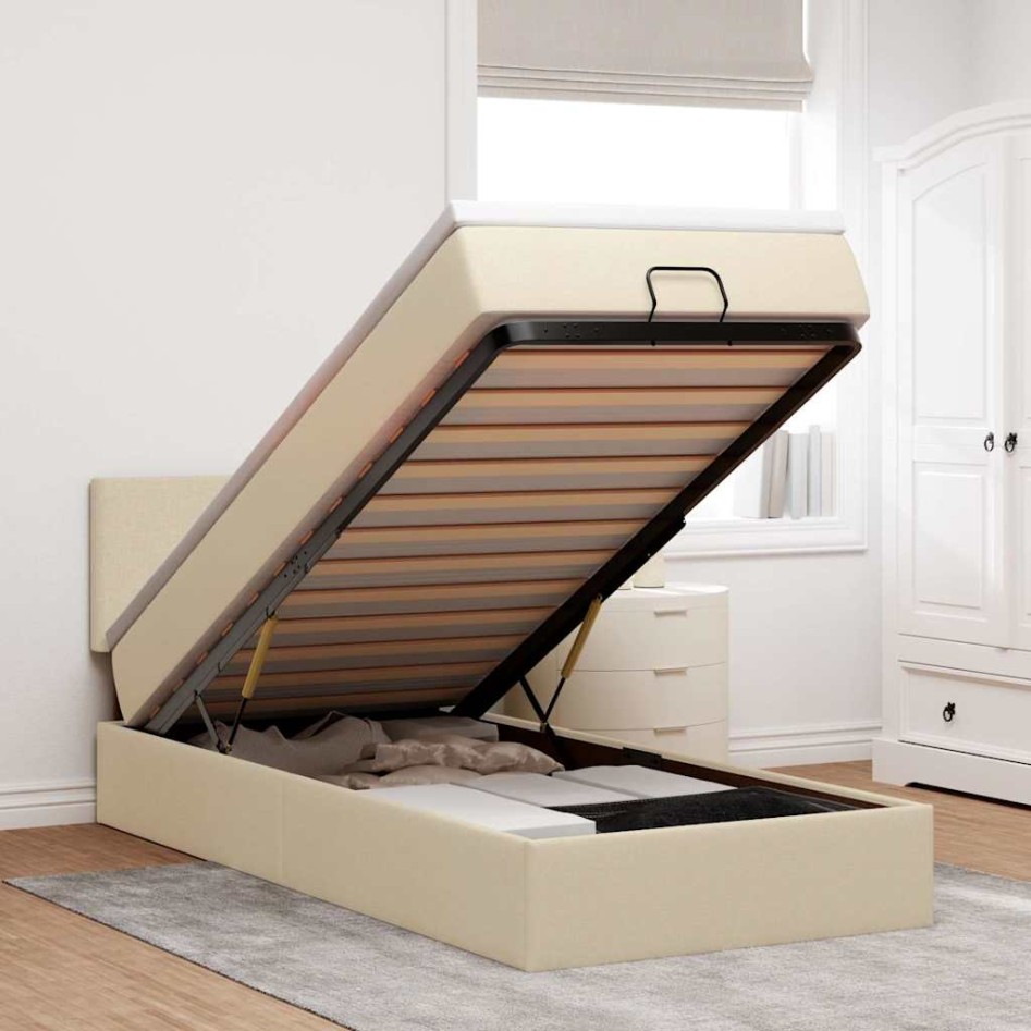 Cama otomana con colchón crema 90x200 cm