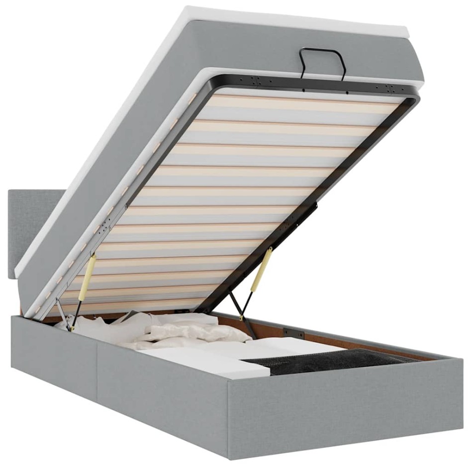 Estructura de cama otomana con colchón tela gris claro