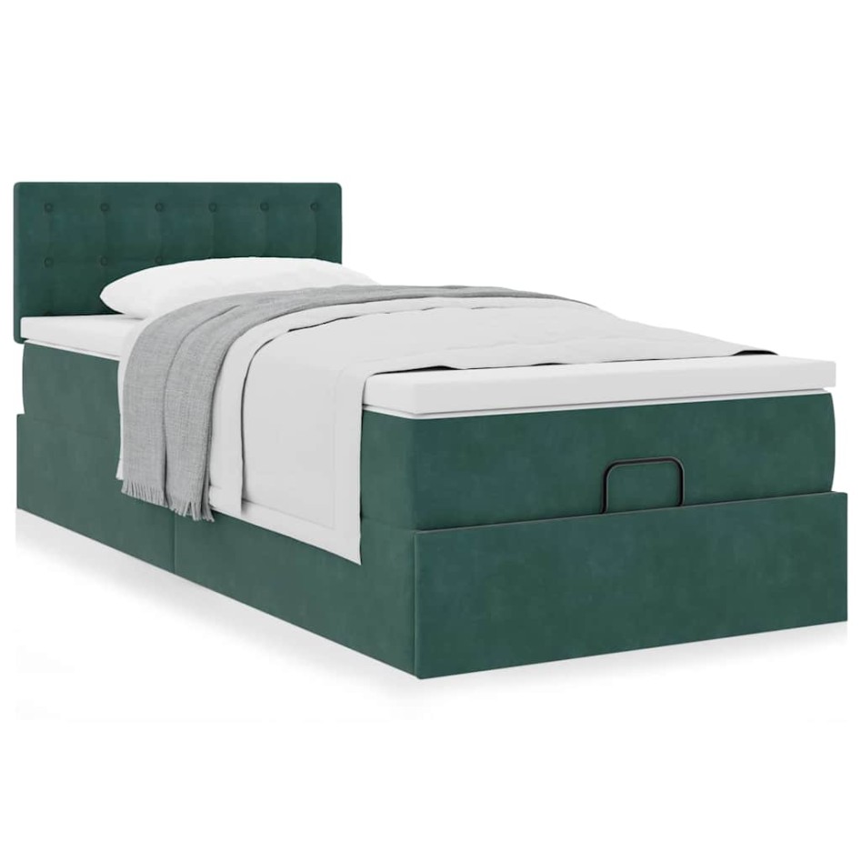 Estructura de cama otomana con colchón terciopelo verde