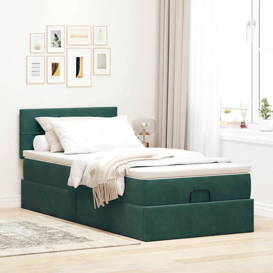 Estructura de cama otomana con colchón terciopelo verde