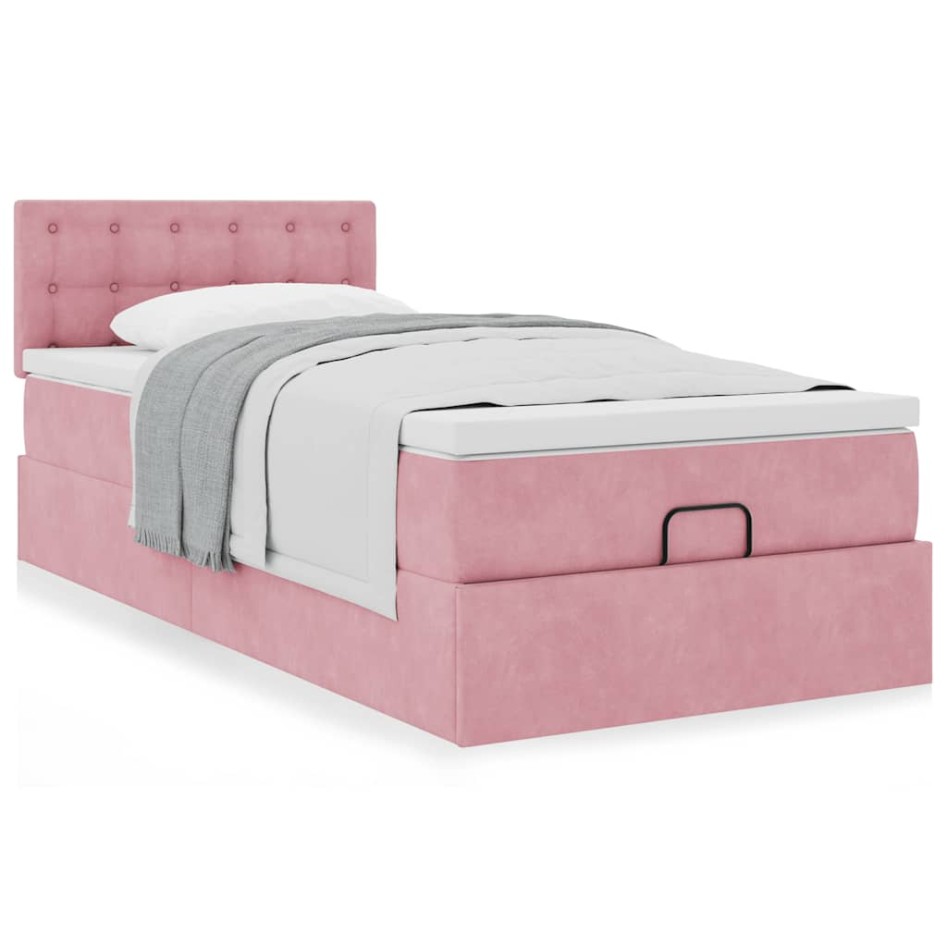 Estructura de cama otomana colchón terciopelo rosa