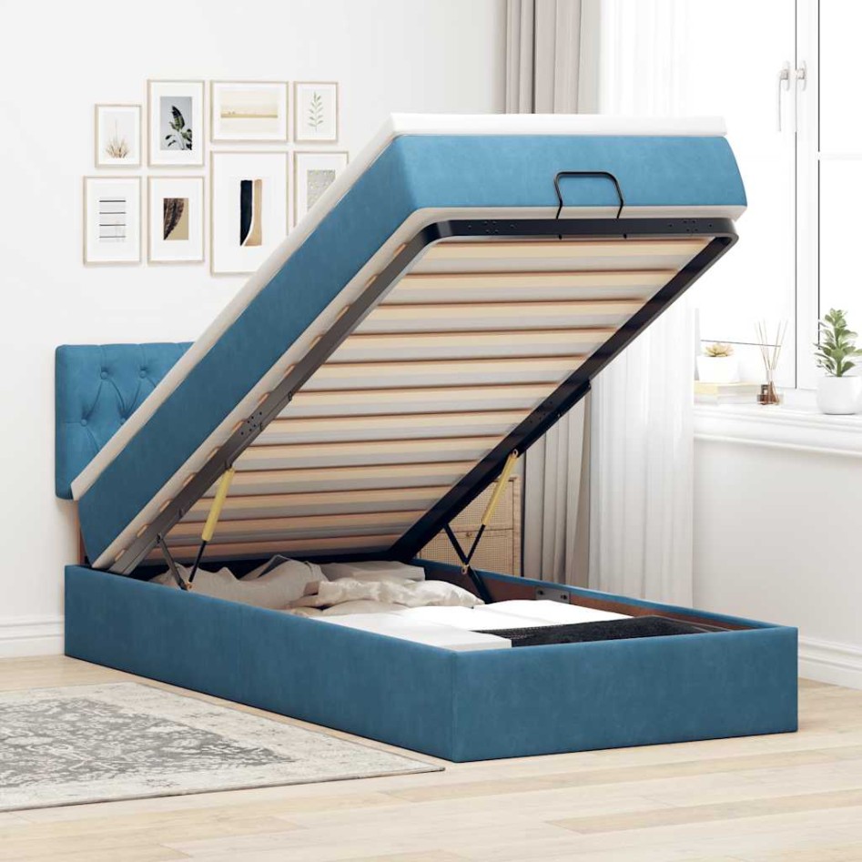 Estructura de cama otomana colchón terciopelo azul