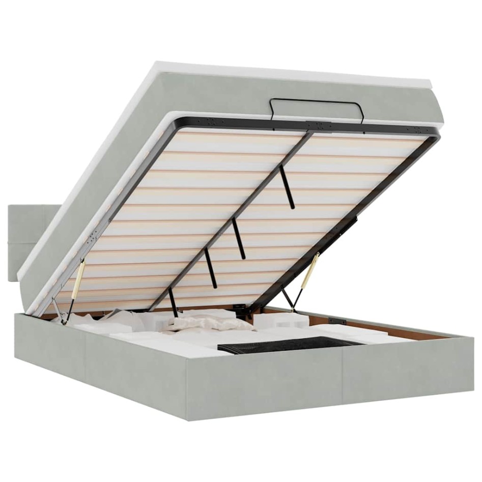 Estructura cama otomana colchón terciopelo gris claro