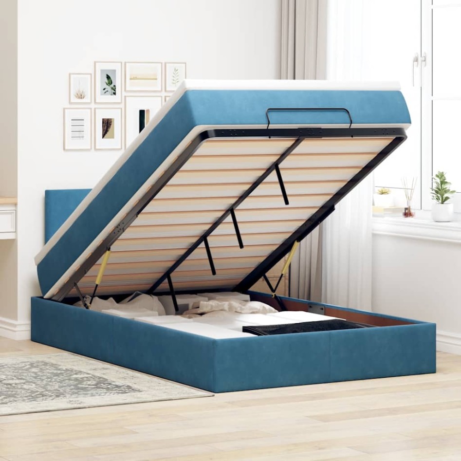 Estructura de cama otomana colchón terciopelo azul