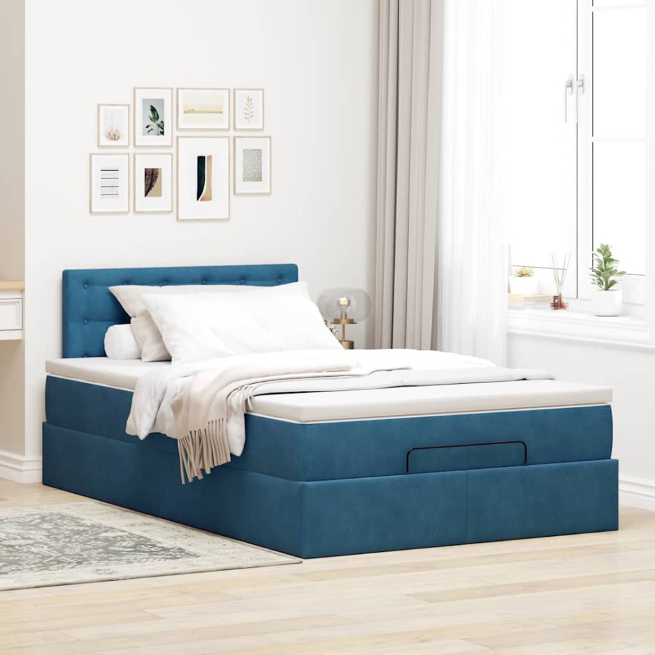 Estructura de cama otomana colchón terciopelo azul