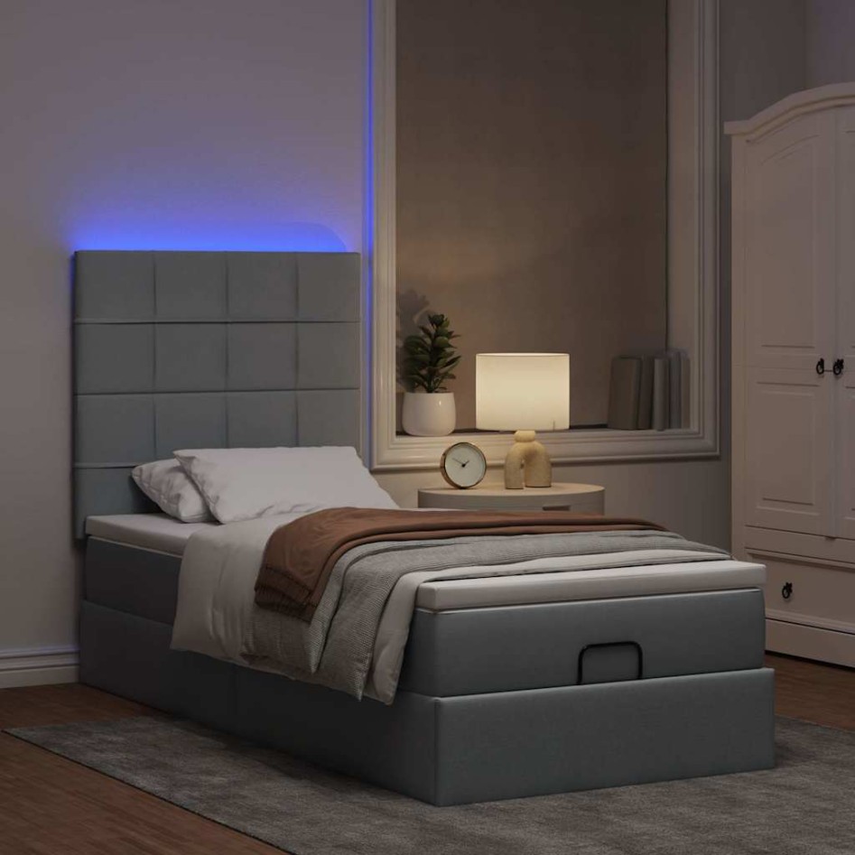 Cama otomana con colchón y LED tela gris claro