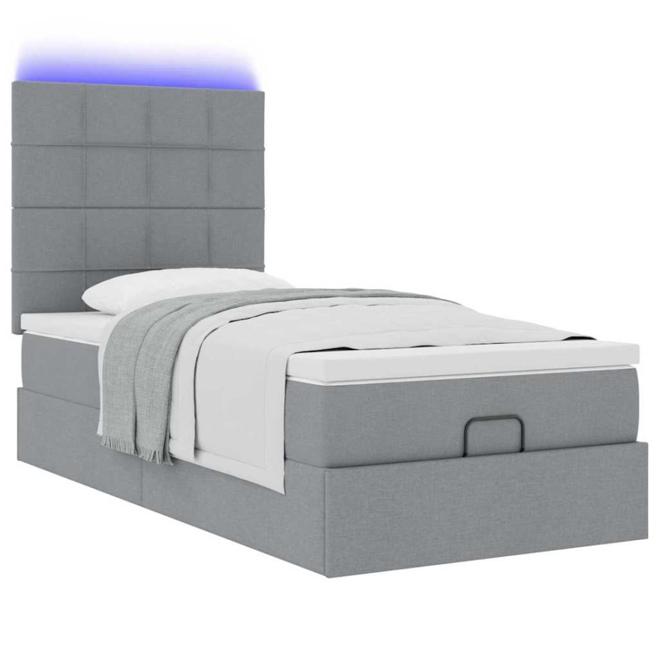 Cama otomana con colchón y LED tela gris claro