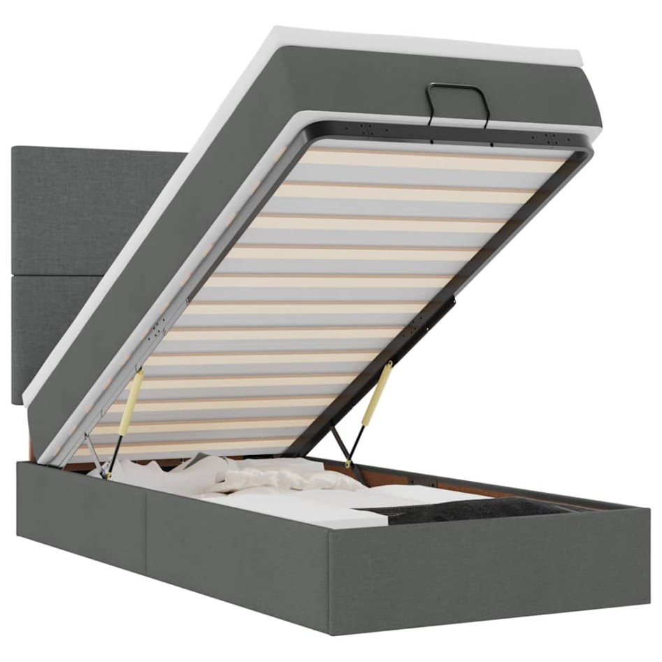 Cama otomana con colchón y LED tela gris oscuro 90x200