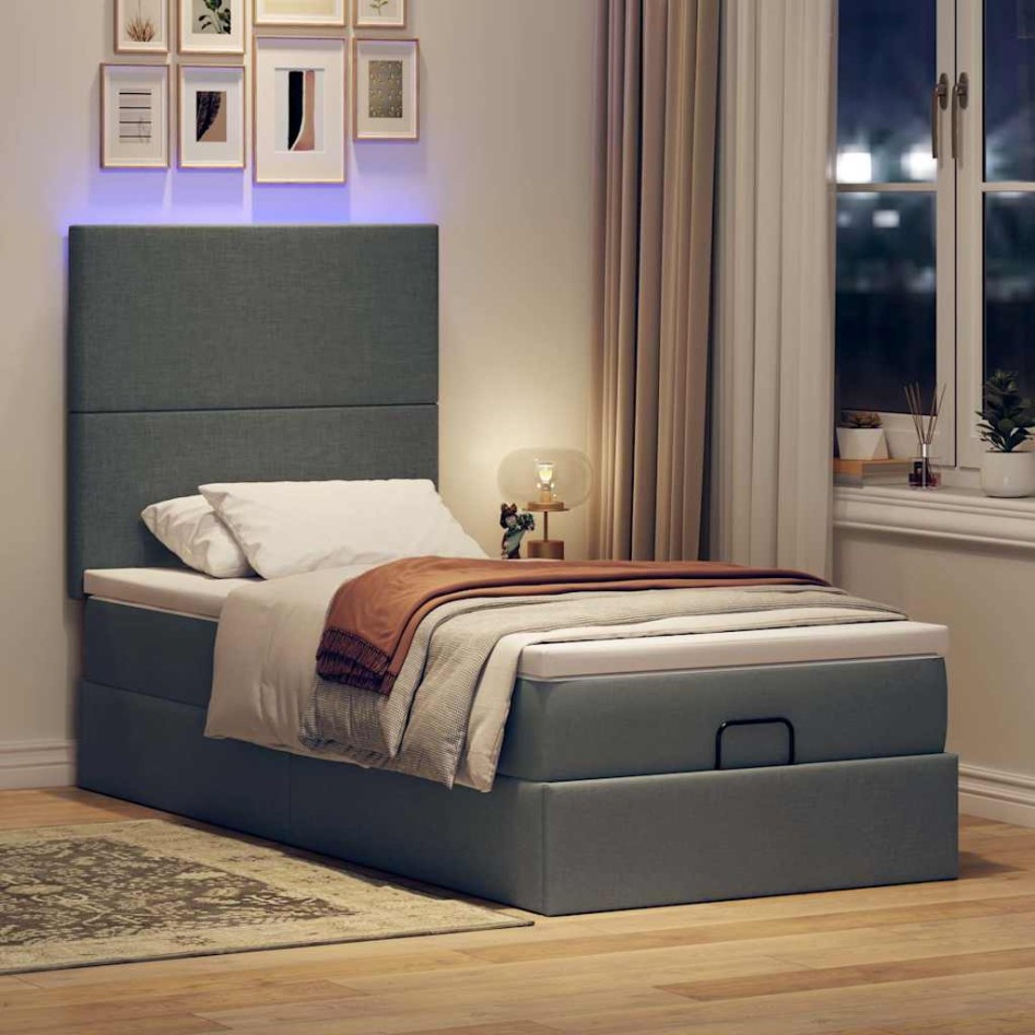Cama otomana con colchón y LED tela gris oscuro 90x200