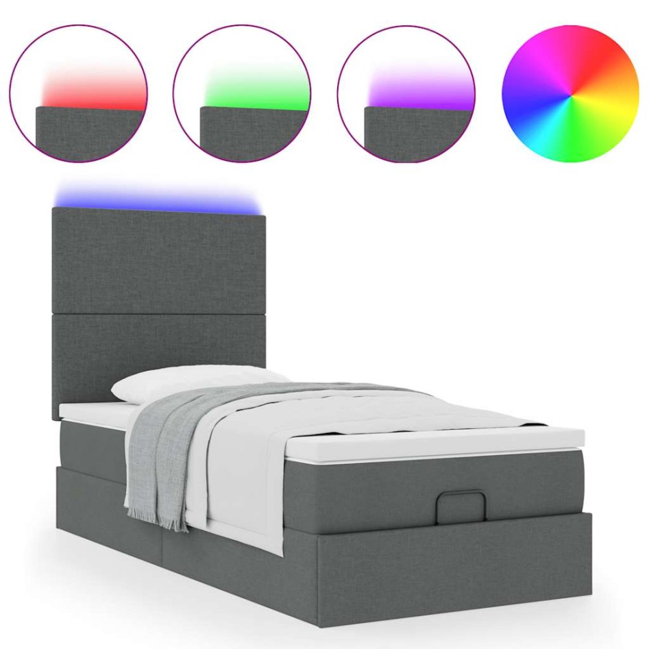 Cama otomana con colchón y LED tela gris oscuro 90x200