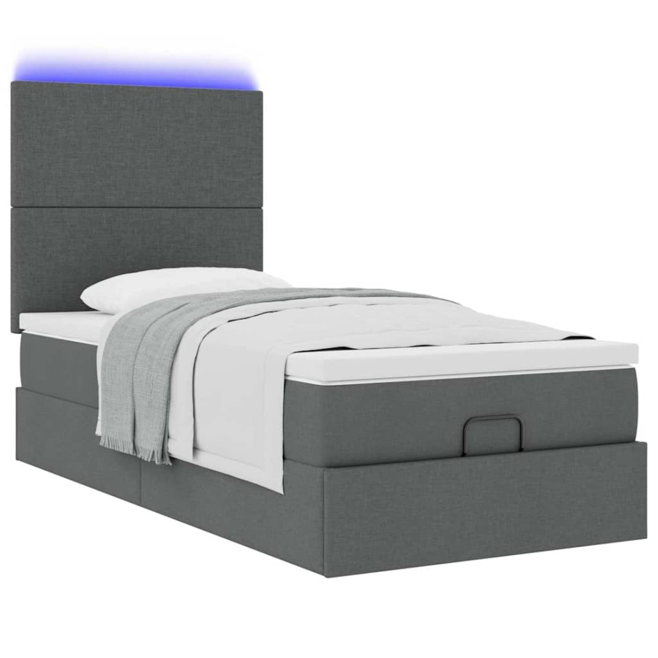 Cama otomana con colchón y LED tela gris oscuro 90x200
