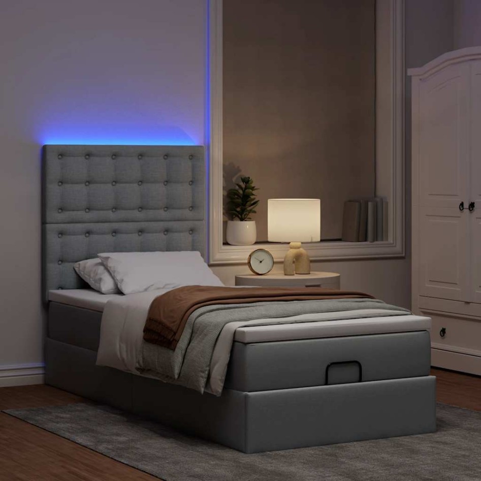 Cama otomana con colchón y LED tela gris claro