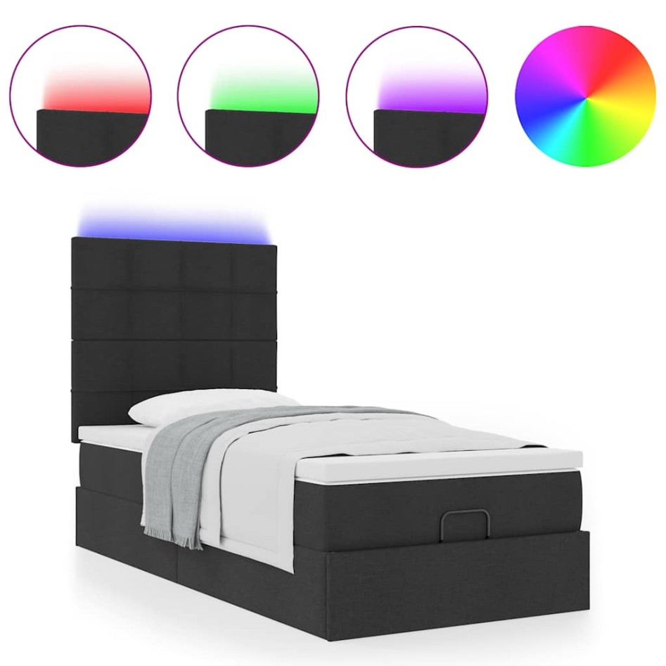 Cama otomana con colchón y luces LED tela negra