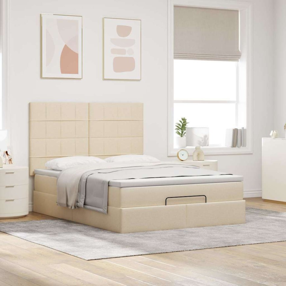 Estructura de cama otomana con colchón tela crema