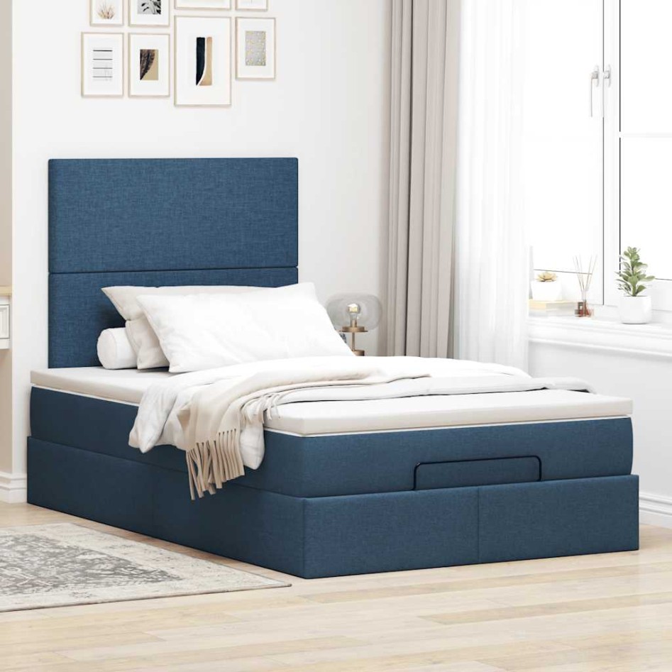 Estructura de cama otomana con colchón tela azul