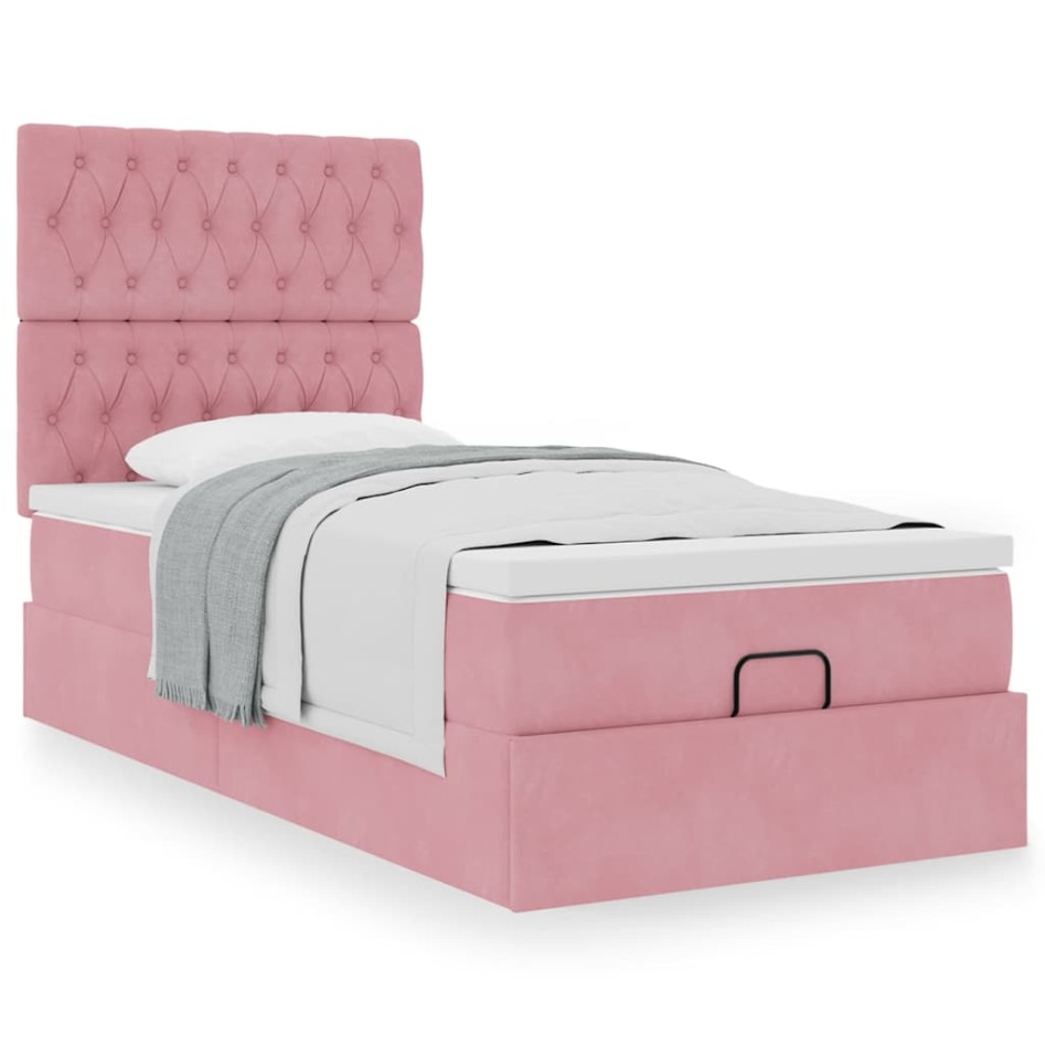 Estructura cama otomana con colchones terciopelo rosa