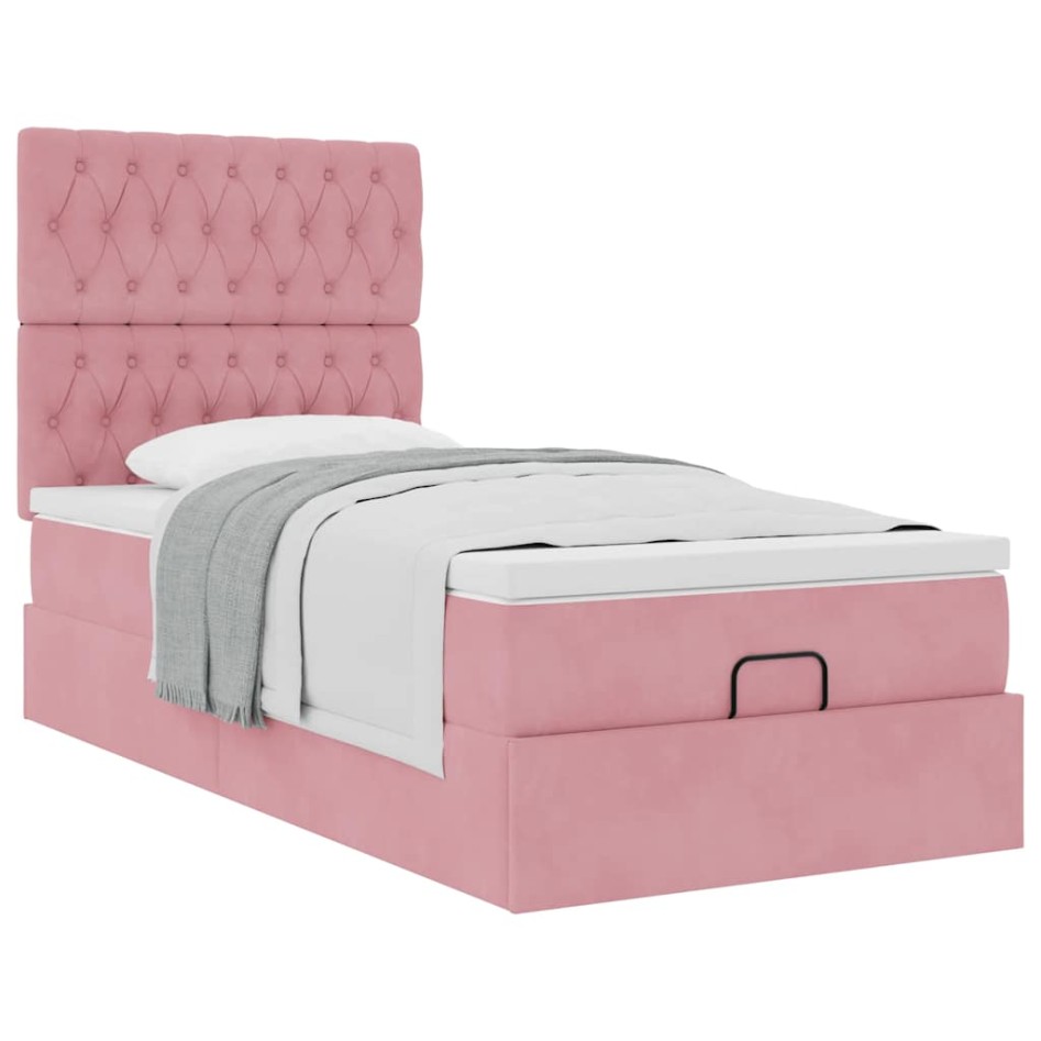 Estructura cama otomana con colchones terciopelo rosa