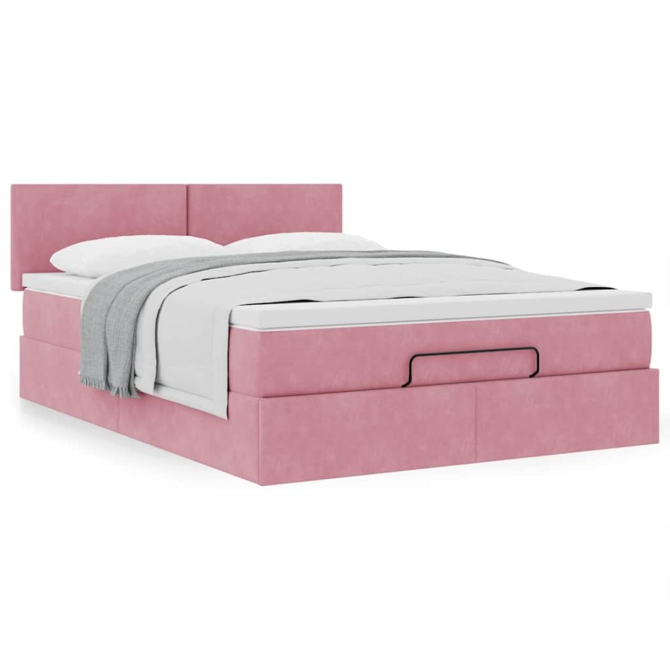 Estructura cama otomana con colchón terciopelo rosa 140x190