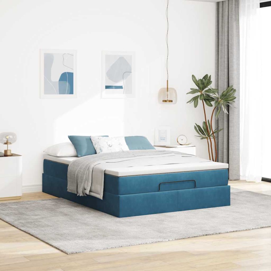 Estructura de cama otomana con colchón terciopelo azul