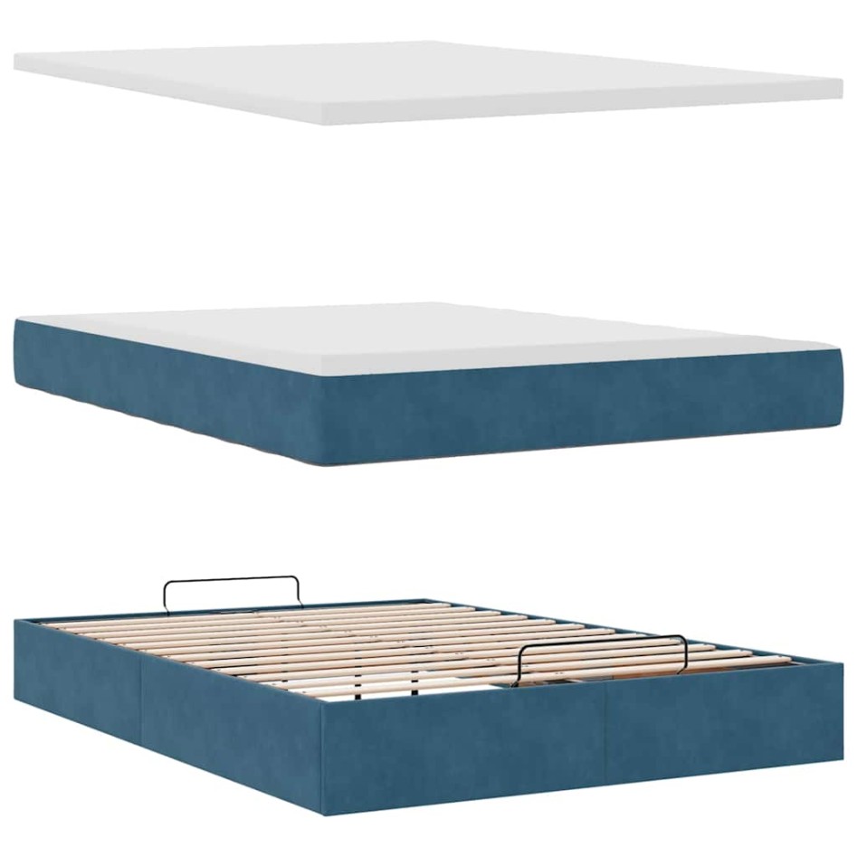 Estructura de cama otomana con colchón terciopelo azul