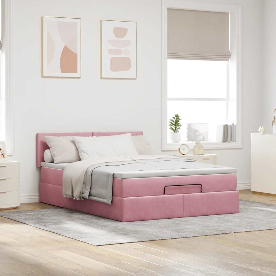 Estructura cama otomana colchón terciopelo rosa