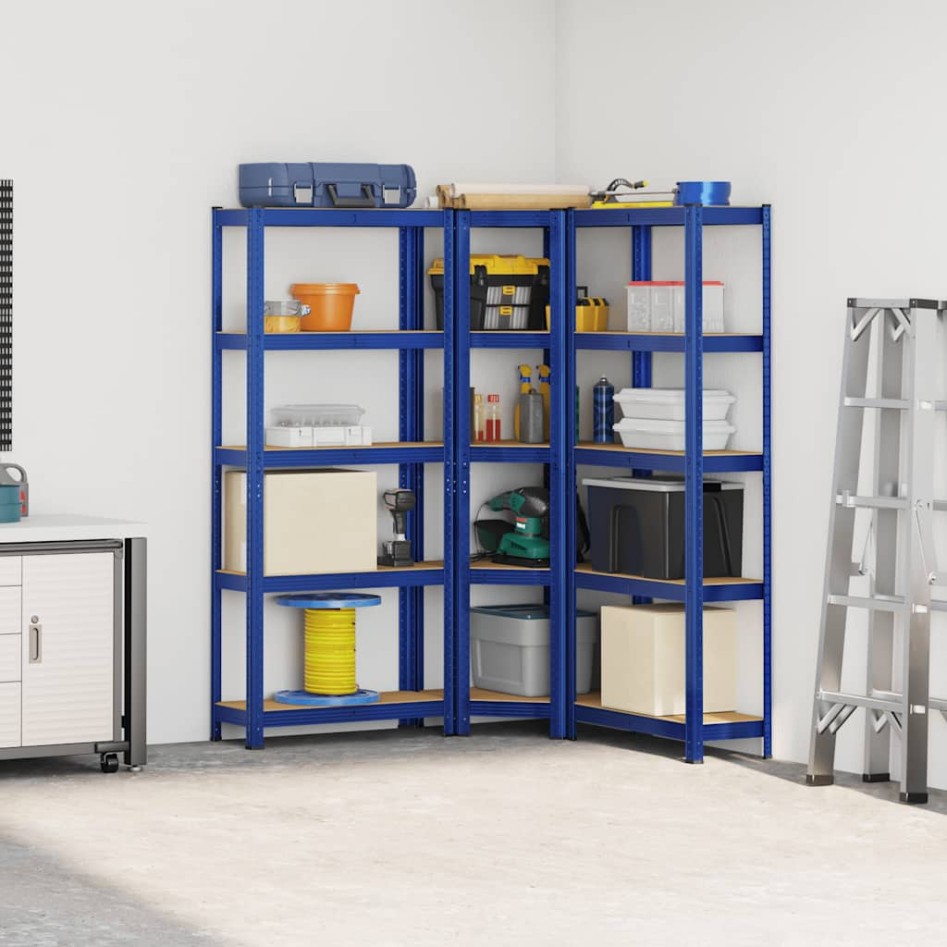 Juego de 3 estantes de 5 niveles acero azul y madera