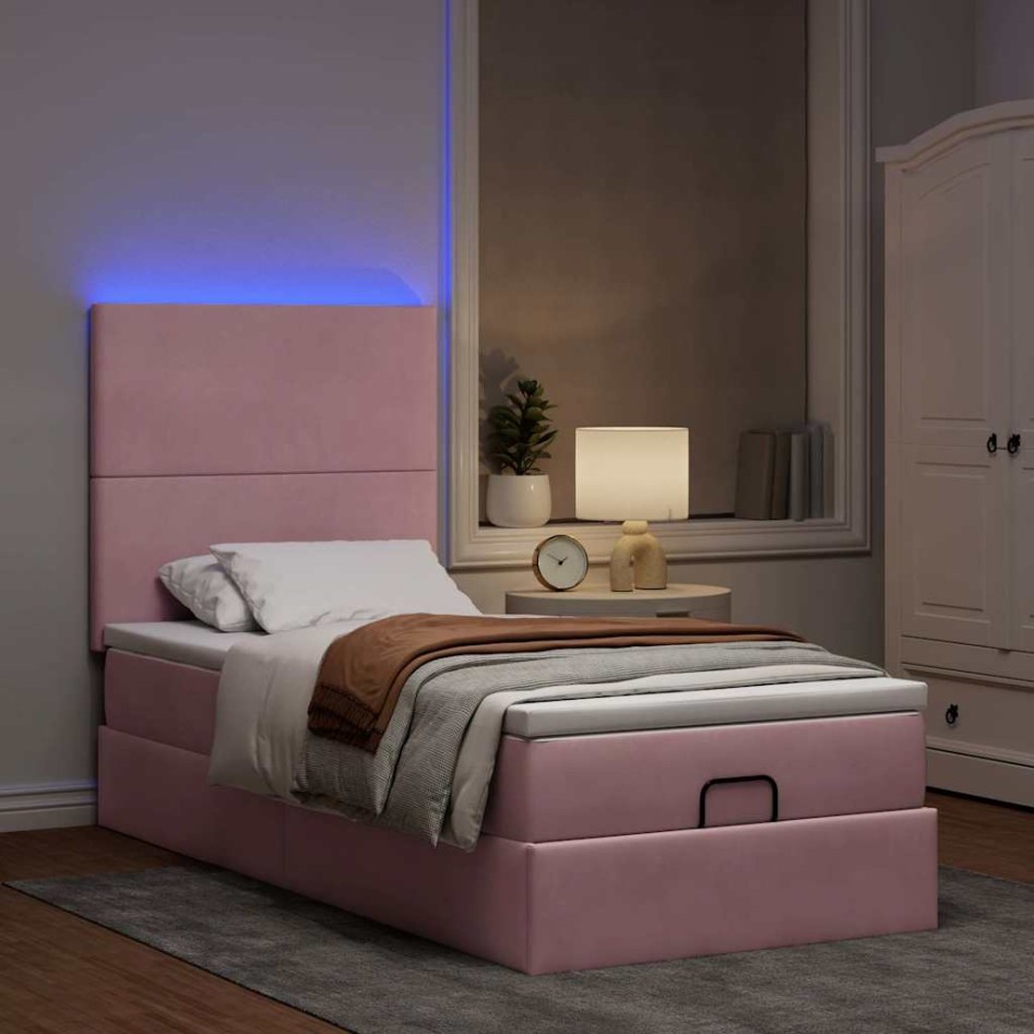 Estructura cama otomana con colchones terciopelo rosa