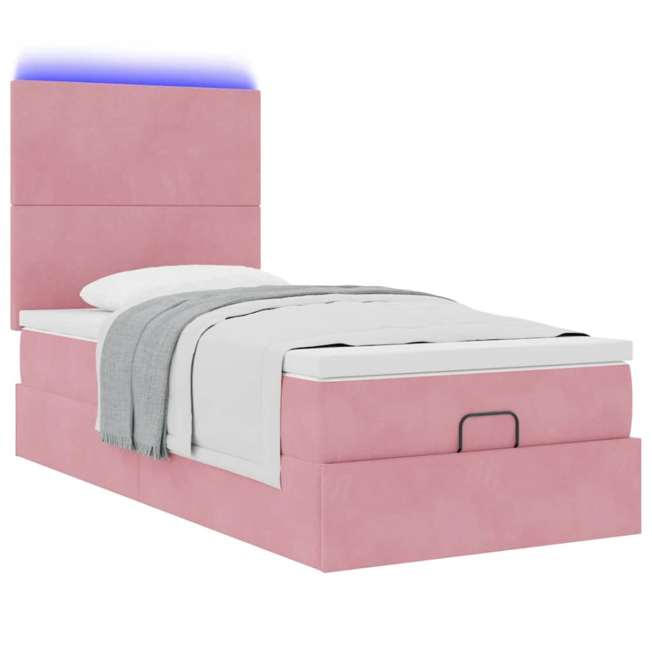 Estructura cama otomana con colchones terciopelo rosa