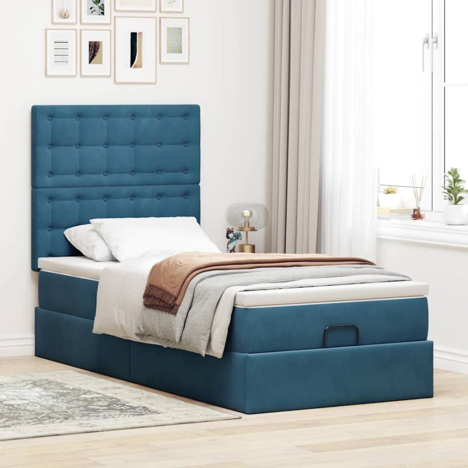Estructura de cama otomana con colchones terciopelo azul