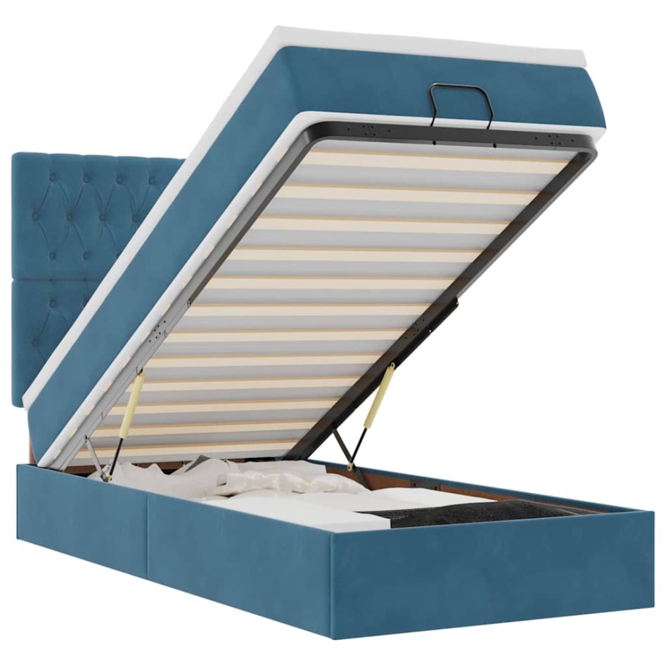 Estructura de cama otomana colchones terciopelo azul