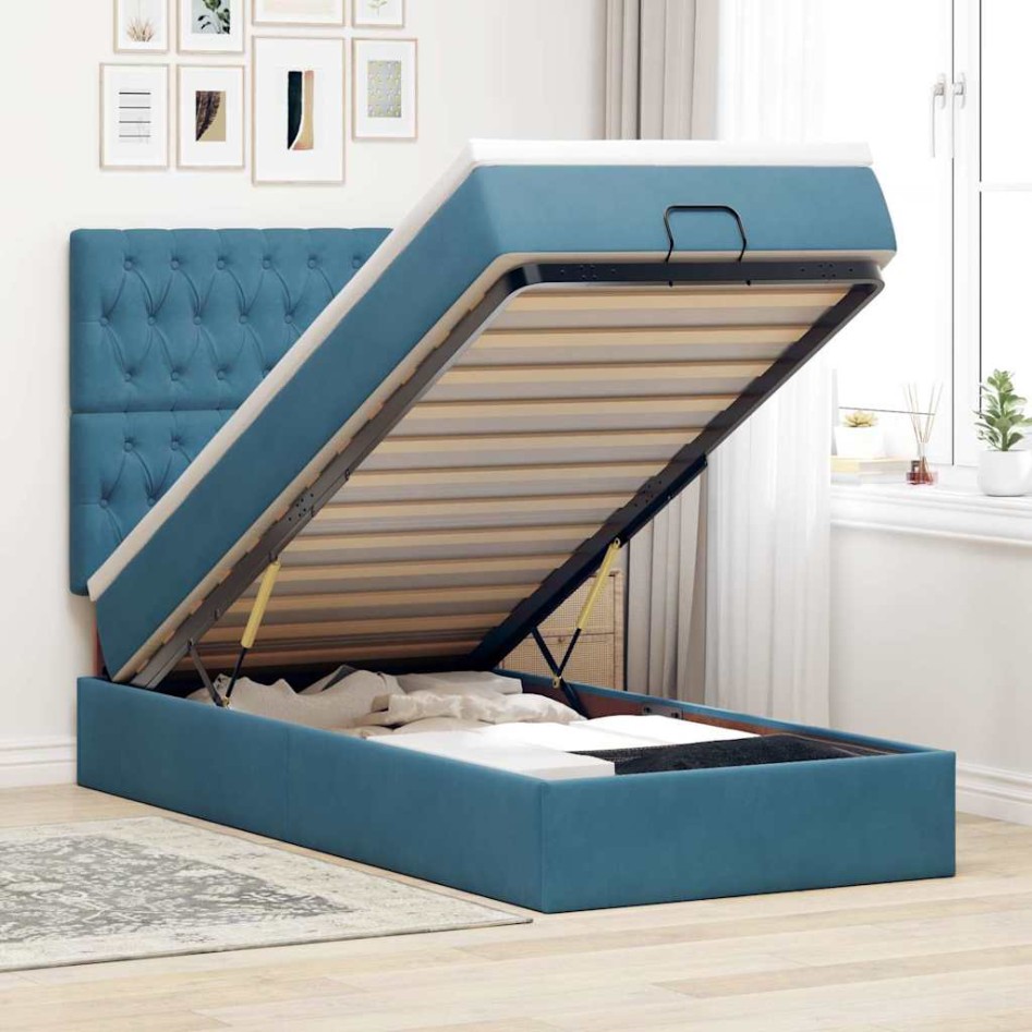 Estructura de cama otomana con colchones terciopelo azul