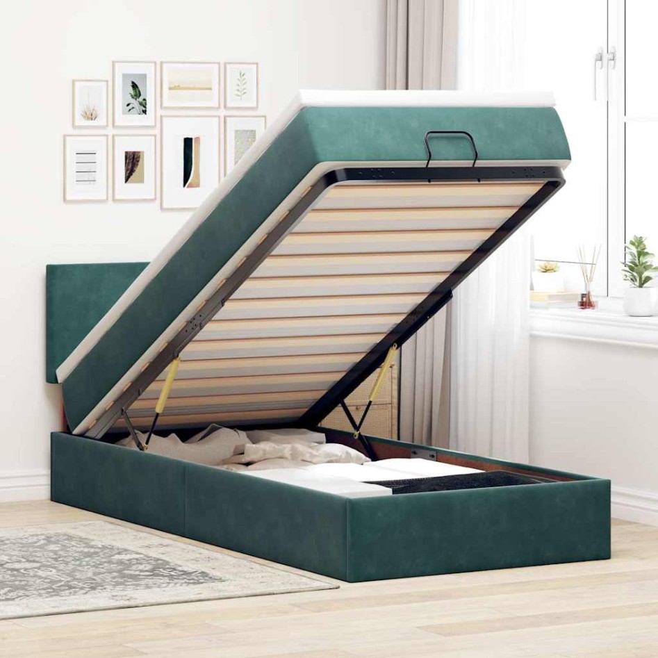 Estructura de cama otomana con colchón terciopelo verde