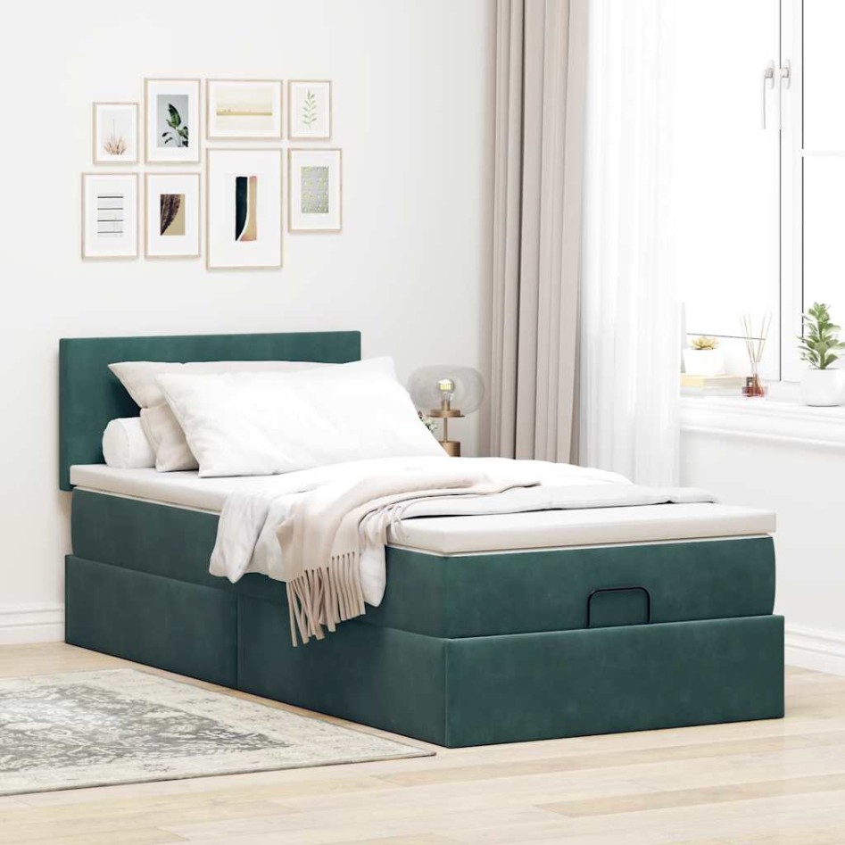 Estructura de cama otomana con colchón terciopelo verde