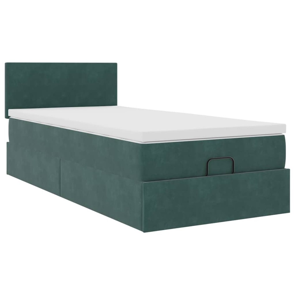 Estructura de cama otomana con colchón terciopelo verde