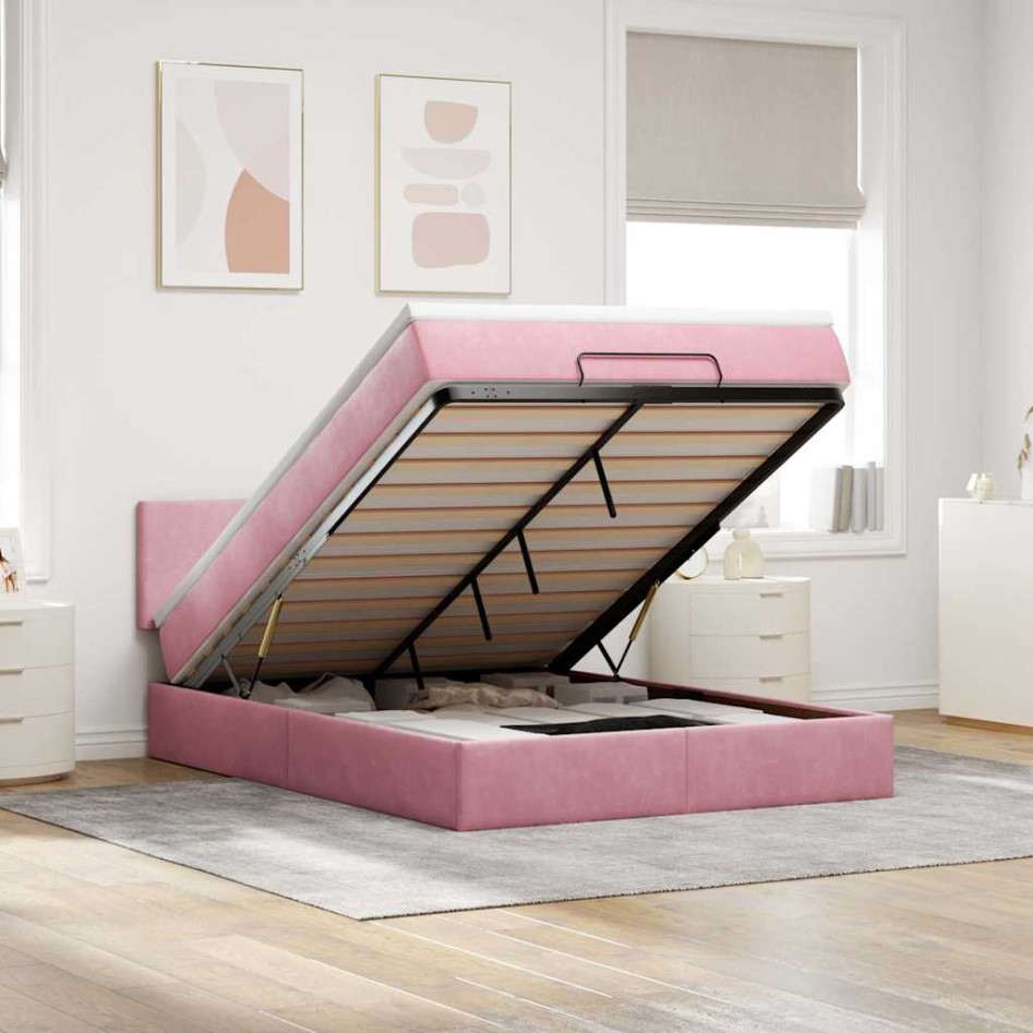 Estructura cama otomana colchón terciopelo rosa